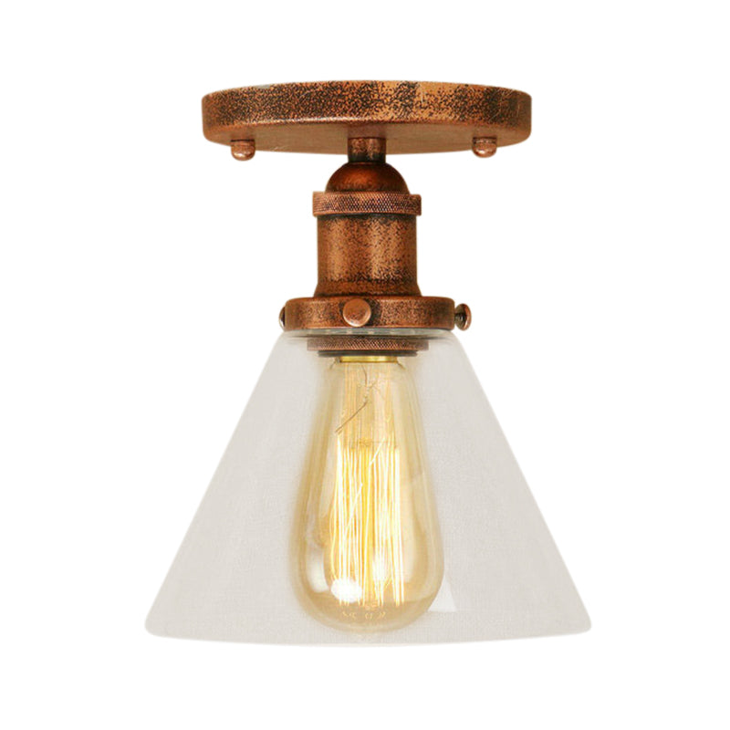Single Bulb Semi Flush Mount Industrial Conical Clear Glass Ceiling Light in Black/Brass/Copper Clearhalo 'Ceiling Lights' 'Close To Ceiling Lights' 'Close to ceiling' 'Flush mount' 'Industrial Flush Mount' Lighting' 141859