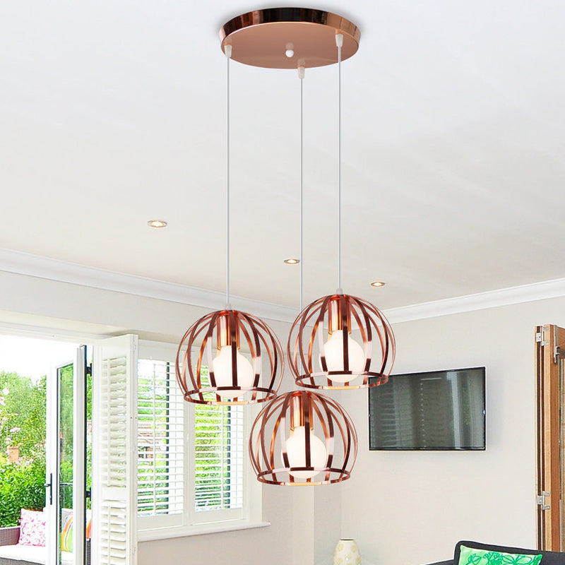 Domed Metal Hanging Lamp with Wire Cage Shade Industrial 3 Heads Living Room Ceiling Pendant in Copper Clearhalo 'Art Deco Pendants' 'Cast Iron' 'Ceiling Lights' 'Ceramic' 'Crystal' 'Industrial Pendants' 'Industrial' 'Metal' 'Middle Century Pendants' 'Pendant Lights' 'Pendants' 'Tiffany' Lighting' 1418597