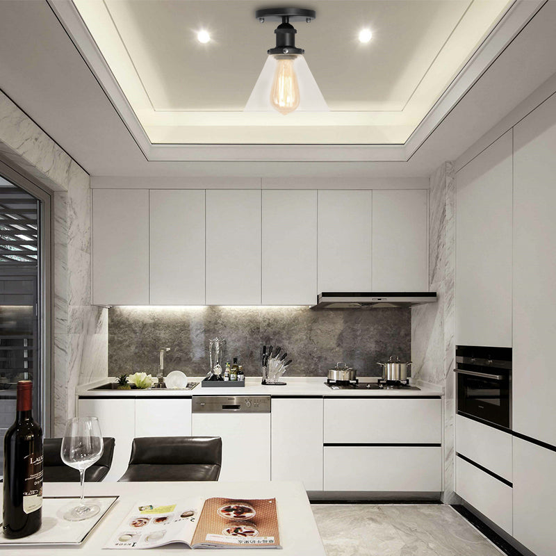 Single Bulb Semi Flush Mount Industrial Conical Clear Glass Ceiling Light in Black/Brass/Copper Black Clearhalo 'Ceiling Lights' 'Close To Ceiling Lights' 'Close to ceiling' 'Flush mount' 'Industrial Flush Mount' Lighting' 141860