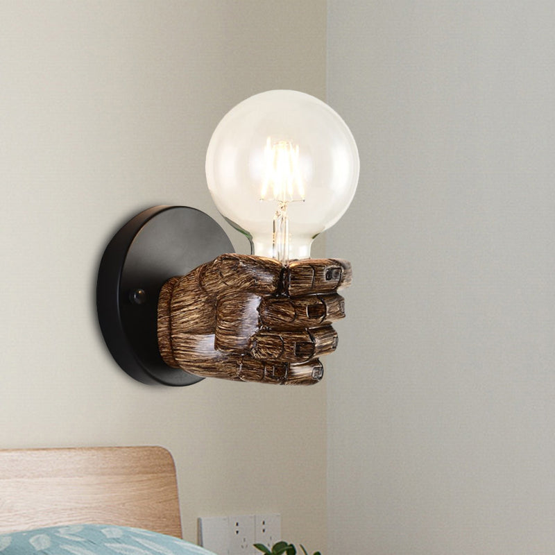 Brown Hand Sconce Lamp Single Light Retro Wood Wall Lamp with Globe Bulb for Hallway Clearhalo 'Industrial wall lights' 'Industrial' 'Middle century wall lights' 'Rustic wall lights' 'Tiffany' 'Wall Lamps & Sconces' 'Wall Lights' Lighting' 1418608