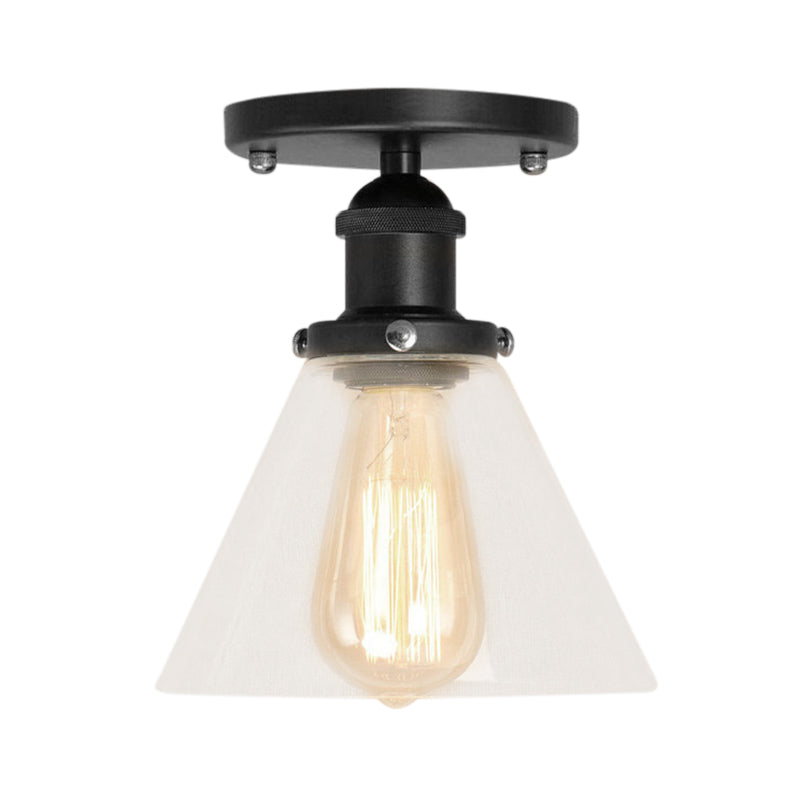 Single Bulb Semi Flush Mount Industrial Conical Clear Glass Ceiling Light in Black/Brass/Copper Clearhalo 'Ceiling Lights' 'Close To Ceiling Lights' 'Close to ceiling' 'Flush mount' 'Industrial Flush Mount' Lighting' 141861