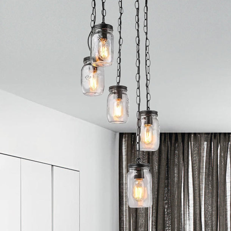 Black 5-Light Cluster Pendant Modern Clear Glass Jar Shade Hanging Light Fixture with Cord/Chain and Round Canopy Clearhalo 'Ceiling Lights' 'Close To Ceiling Lights' 'Glass shade' 'Glass' 'Pendant Lights' 'Pendants' Lighting' 1418636