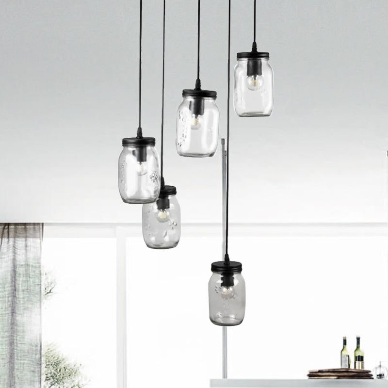 Black 5-Light Cluster Pendant Modern Clear Glass Jar Shade Hanging Light Fixture with Cord/Chain and Round Canopy Clearhalo 'Ceiling Lights' 'Close To Ceiling Lights' 'Glass shade' 'Glass' 'Pendant Lights' 'Pendants' Lighting' 1418637