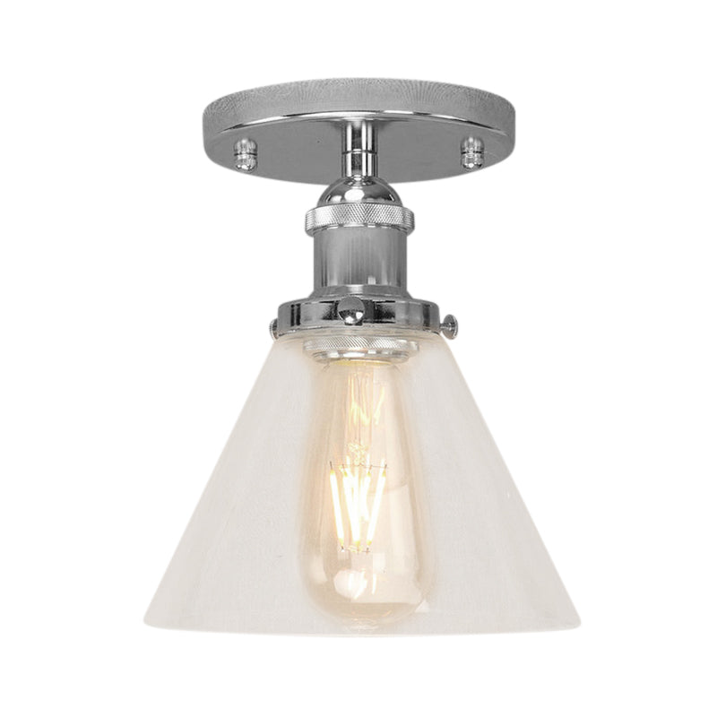 Single Bulb Semi Flush Mount Industrial Conical Clear Glass Ceiling Light in Black/Brass/Copper Clearhalo 'Ceiling Lights' 'Close To Ceiling Lights' 'Close to ceiling' 'Flush mount' 'Industrial Flush Mount' Lighting' 141864