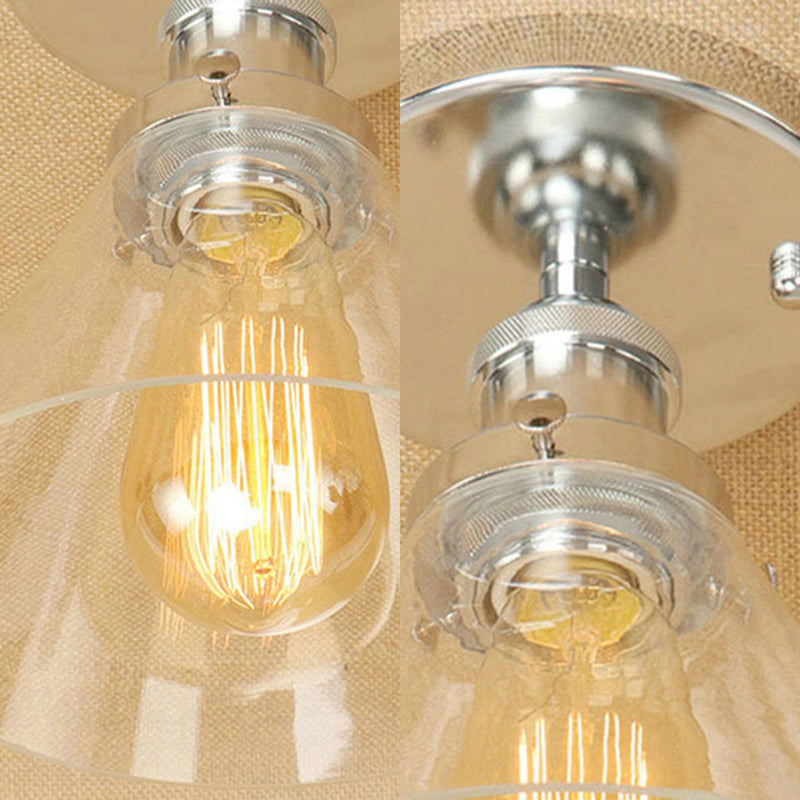 Single Bulb Semi Flush Mount Industrial Conical Clear Glass Ceiling Light in Black/Brass/Copper Clearhalo 'Ceiling Lights' 'Close To Ceiling Lights' 'Close to ceiling' 'Flush mount' 'Industrial Flush Mount' Lighting' 141865