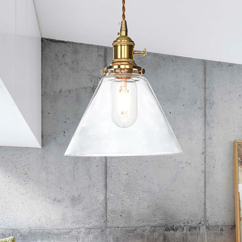 Brass 1 Light Pendant Ceiling Light Farmhouse Clear/Amber Glass Cone Lighting Fixture for Living Room Clearhalo 'Ceiling Lights' 'Glass shade' 'Glass' 'Industrial Pendants' 'Industrial' 'Middle Century Pendants' 'Pendant Lights' 'Pendants' 'Tiffany' Lighting' 1418657