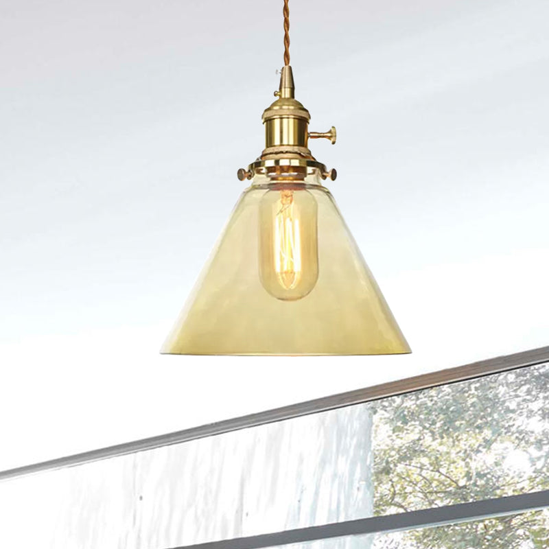 Brass 1 Light Pendant Ceiling Light Farmhouse Clear/Amber Glass Cone Lighting Fixture for Living Room Clearhalo 'Ceiling Lights' 'Glass shade' 'Glass' 'Industrial Pendants' 'Industrial' 'Middle Century Pendants' 'Pendant Lights' 'Pendants' 'Tiffany' Lighting' 1418658