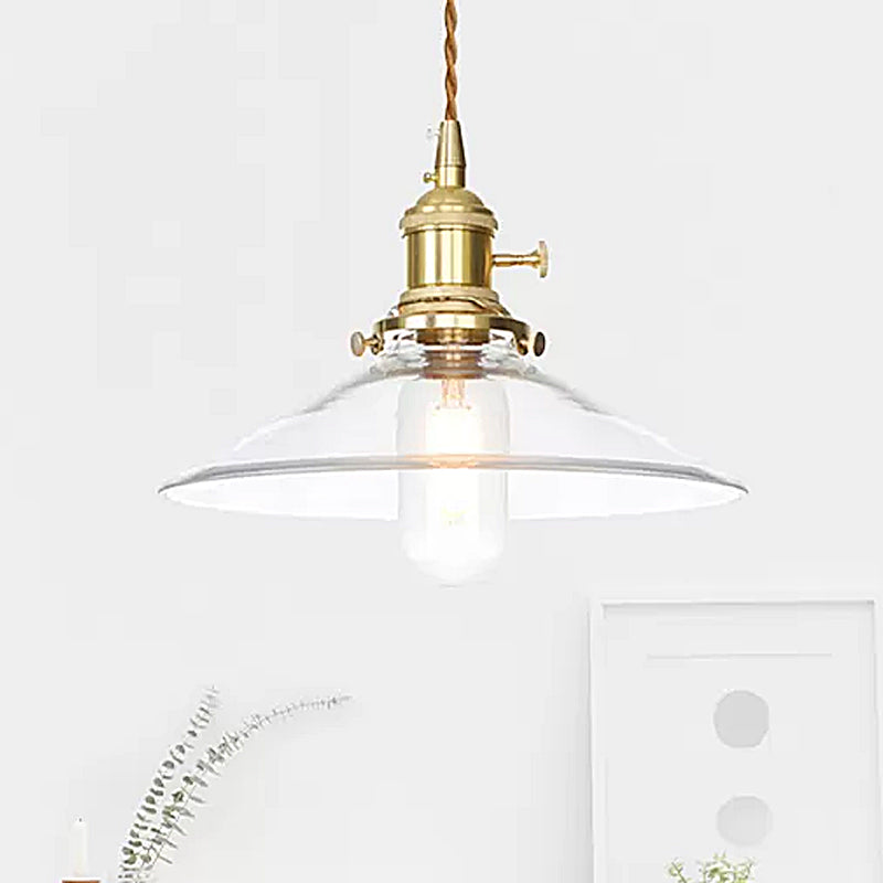 Brass 1 Light Ceiling Pendant Light Industrial Clear Glass Saucer/Dome/Prismatic Hanging Lamp for Living Room Clearhalo 'Ceiling Lights' 'Glass shade' 'Glass' 'Pendant Lights' 'Pendants' Lighting' 1418662