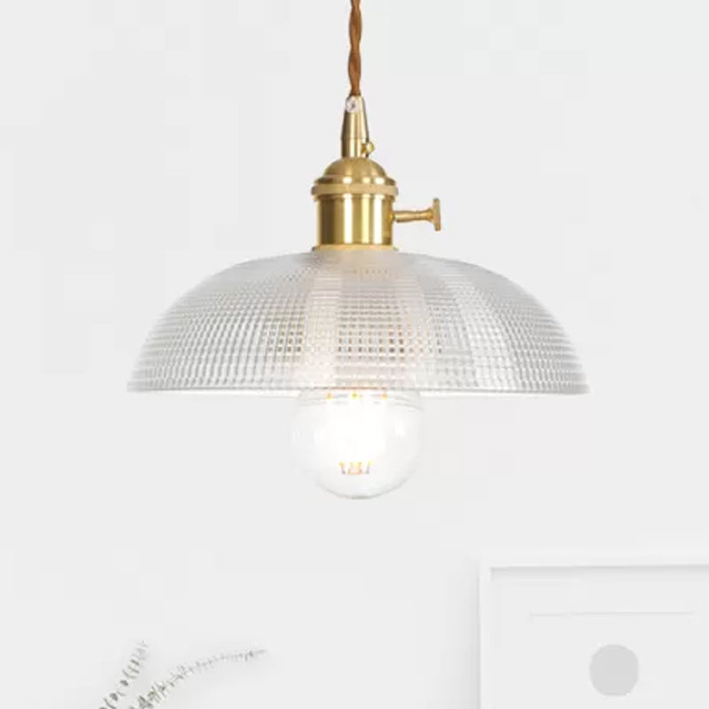 Brass 1 Light Ceiling Pendant Light Industrial Clear Glass Saucer/Dome/Prismatic Hanging Lamp for Living Room Clearhalo 'Ceiling Lights' 'Glass shade' 'Glass' 'Pendant Lights' 'Pendants' Lighting' 1418663