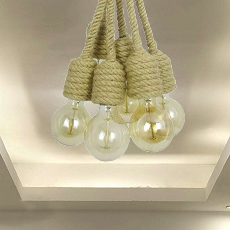 Multi Light Bare Bulb Hanging Lighting Industrial Beige Hemp Rope Cluster Pendant Lamp for Farmhouse Clearhalo 'Ceiling Lights' 'Industrial Pendants' 'Industrial' 'Middle Century Pendants' 'Pendant Lights' 'Pendants' 'Tiffany' Lighting' 1418664
