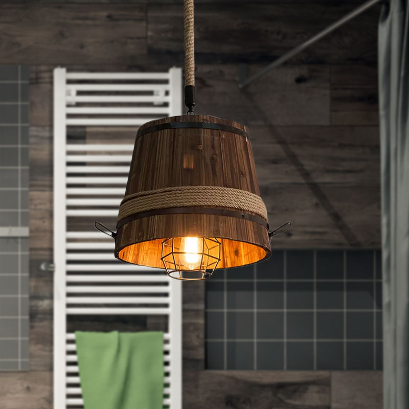 Wooden Bucket Shade Pendant Lighting One Light Rustic Stylish Hanging Lamp in Brown for Bar Clearhalo 'Ceiling Lights' 'Industrial Pendants' 'Industrial' 'Middle Century Pendants' 'Pendant Lights' 'Pendants' 'Tiffany' Lighting' 1418723