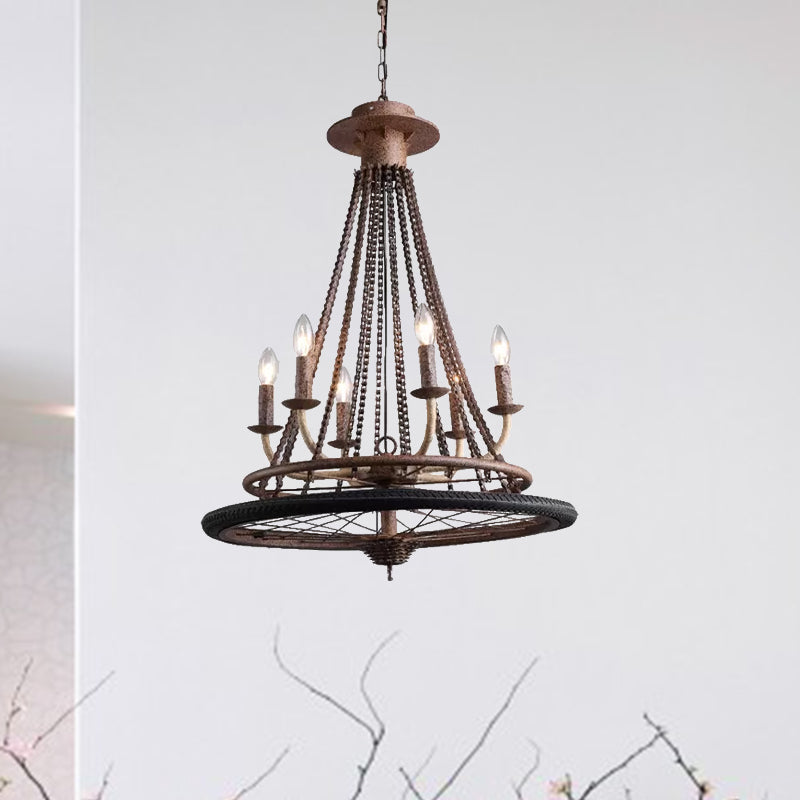 Rust Finish Wheel Chandelier Light Farmhouse Style Wrought Iron 6 Lights Indoor Ceiling Lamp with Candle and Chain Clearhalo 'Cast Iron' 'Ceiling Lights' 'Chandeliers' 'Industrial Chandeliers' 'Industrial' 'Metal' 'Middle Century Chandeliers' 'Rustic Chandeliers' 'Tiffany' Lighting' 1418738