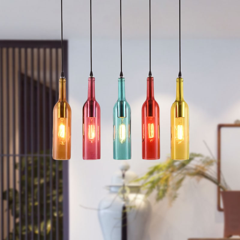 5 Heads Linear Pendant Light Fixture Vintage Style Black Finish Glass Suspension Light with Bottle Shade Clearhalo 'Ceiling Lights' 'Industrial Pendants' 'Industrial' 'Middle Century Pendants' 'Pendant Lights' 'Pendants' 'Tiffany' Lighting' 1418741