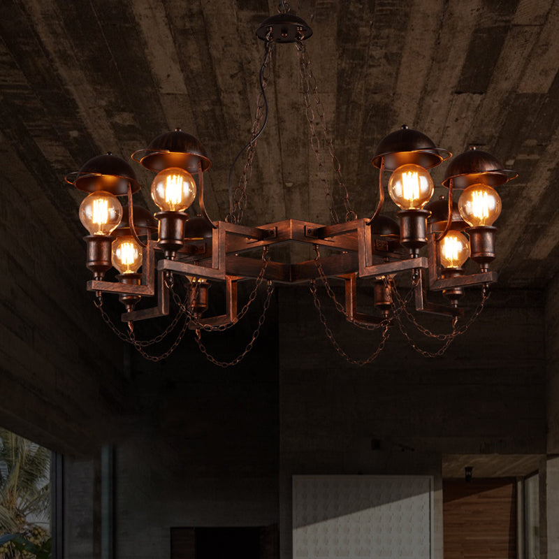 Metal Ring Hanging Lamp with Half-Globe Shade 8 Heads Antique Chandelier in Rust for Villa Clearhalo 'Cast Iron' 'Ceiling Lights' 'Chandeliers' 'Industrial Chandeliers' 'Industrial' 'Metal' 'Middle Century Chandeliers' 'Rustic Chandeliers' 'Tiffany' Lighting' 1418767