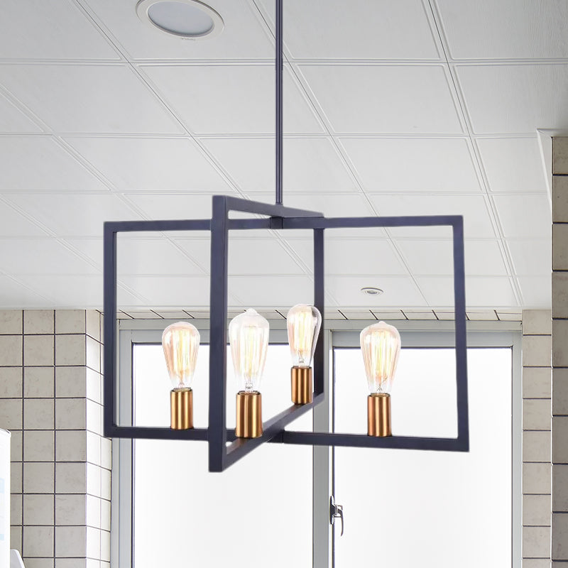 Industrial Rectangular Pendant Lighting 4 Lights Metallic Hanging Light in Black for Kitchen Clearhalo 'Cast Iron' 'Ceiling Lights' 'Chandeliers' 'Industrial Chandeliers' 'Industrial' 'Metal' 'Middle Century Chandeliers' 'Rustic Chandeliers' 'Tiffany' Lighting' 1418776