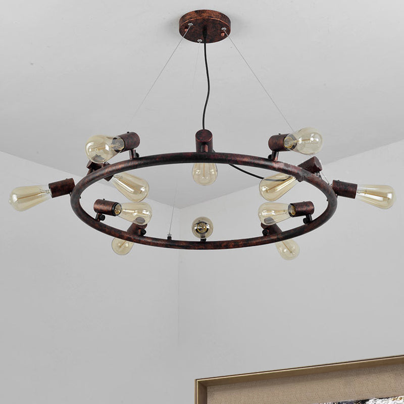 8/12 Lights Circular Hanging Light with Open Bulb Antique Stylish Dark Rust Wrought Iron Chandelier Light Fixture Clearhalo 'Cast Iron' 'Ceiling Lights' 'Chandeliers' 'Industrial Chandeliers' 'Industrial' 'Metal' 'Middle Century Chandeliers' 'Rustic Chandeliers' 'Tiffany' Lighting' 1418778