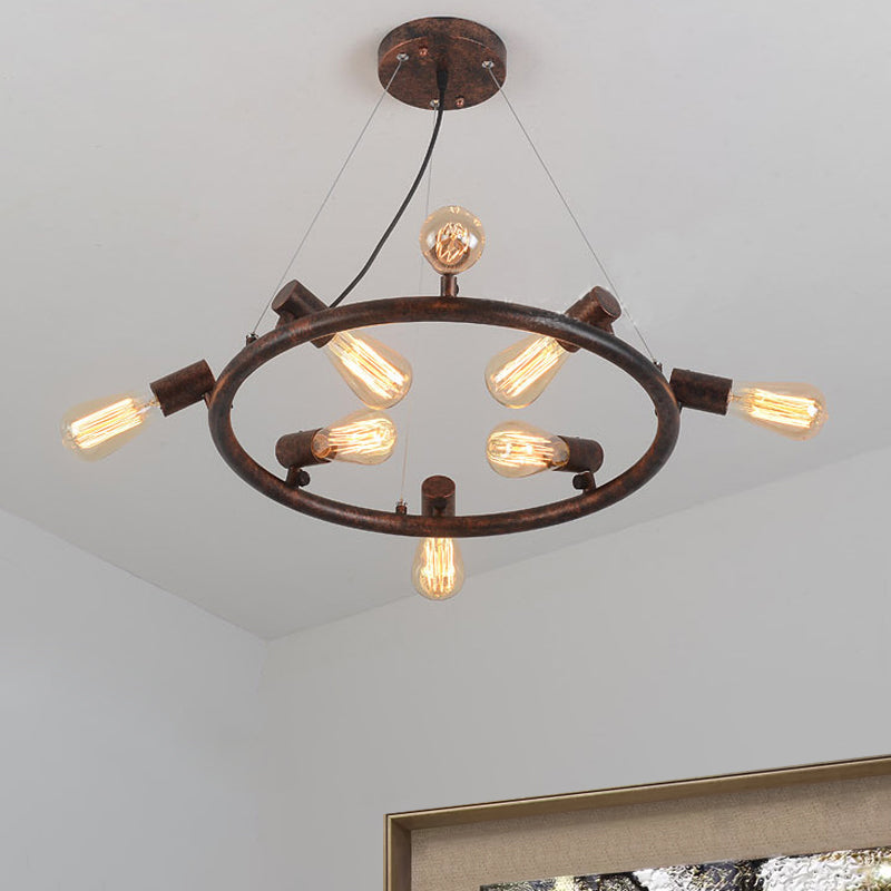 8/12 Lights Circular Hanging Light with Open Bulb Antique Stylish Dark Rust Wrought Iron Chandelier Light Fixture Clearhalo 'Cast Iron' 'Ceiling Lights' 'Chandeliers' 'Industrial Chandeliers' 'Industrial' 'Metal' 'Middle Century Chandeliers' 'Rustic Chandeliers' 'Tiffany' Lighting' 1418779