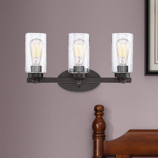 3-Bulb Seeded Glass Sconce Light Fixture Industrial Black Cylinder Dining Room Wall Lamp in Clear Clearhalo 'Cast Iron' 'Glass' 'Industrial wall lights' 'Industrial' 'Middle century wall lights' 'Modern' 'Tiffany' 'Traditional wall lights' 'Wall Lamps & Sconces' 'Wall Lights' Lighting' 1418786