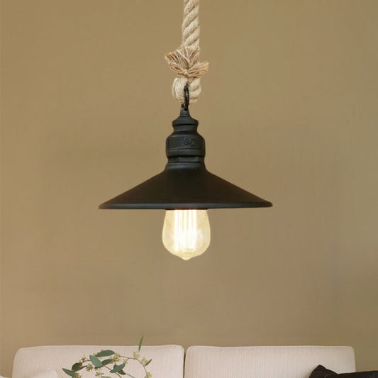 Black 1 Bulb Pendant Lamp Antique Stylish Metallic Cone Shade Hanging Light with Rope for Farmhouse Clearhalo 'Art Deco Pendants' 'Black' 'Cast Iron' 'Ceiling Lights' 'Ceramic' 'Crystal' 'Industrial Pendants' 'Industrial' 'Metal' 'Middle Century Pendants' 'Pendant Lights' 'Pendants' 'Rustic Pendants' 'Tiffany' Lighting' 1418789
