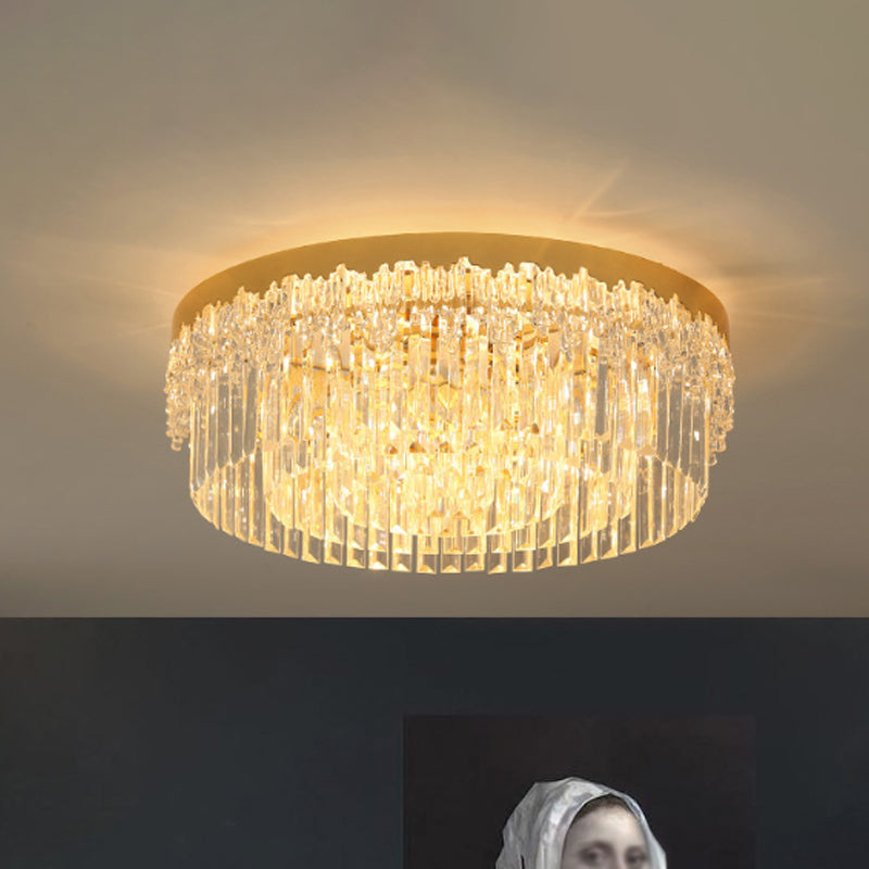 3/5/6 Heads Round Flush Light Modern Gold Finish Clear 3-Sided Crystal Rods Ceiling Mount, 14"/19"/23.5" Wide Clear 23.5" Clearhalo 'Ceiling Lights' 'Close To Ceiling Lights' 'Close to ceiling' 'Flush mount' Lighting' 1418814