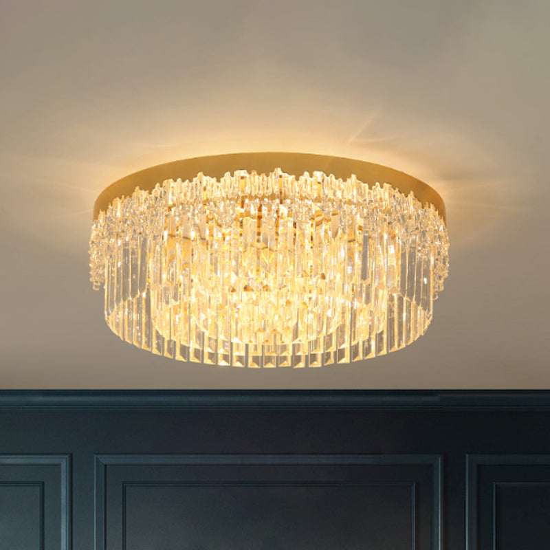 3/5/6 Heads Round Flush Light Modern Gold Finish Clear 3-Sided Crystal Rods Ceiling Mount, 14"/19"/23.5" Wide Clearhalo 'Ceiling Lights' 'Close To Ceiling Lights' 'Close to ceiling' 'Flush mount' Lighting' 1418815