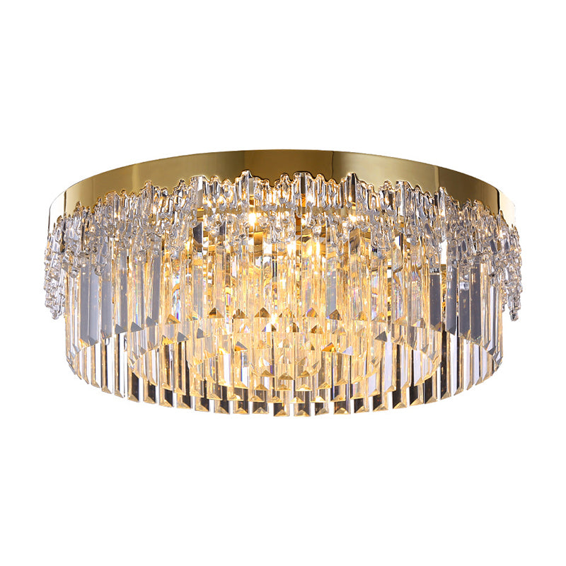 3/5/6 Heads Round Flush Light Modern Gold Finish Clear 3-Sided Crystal Rods Ceiling Mount, 14"/19"/23.5" Wide Clearhalo 'Ceiling Lights' 'Close To Ceiling Lights' 'Close to ceiling' 'Flush mount' Lighting' 1418816