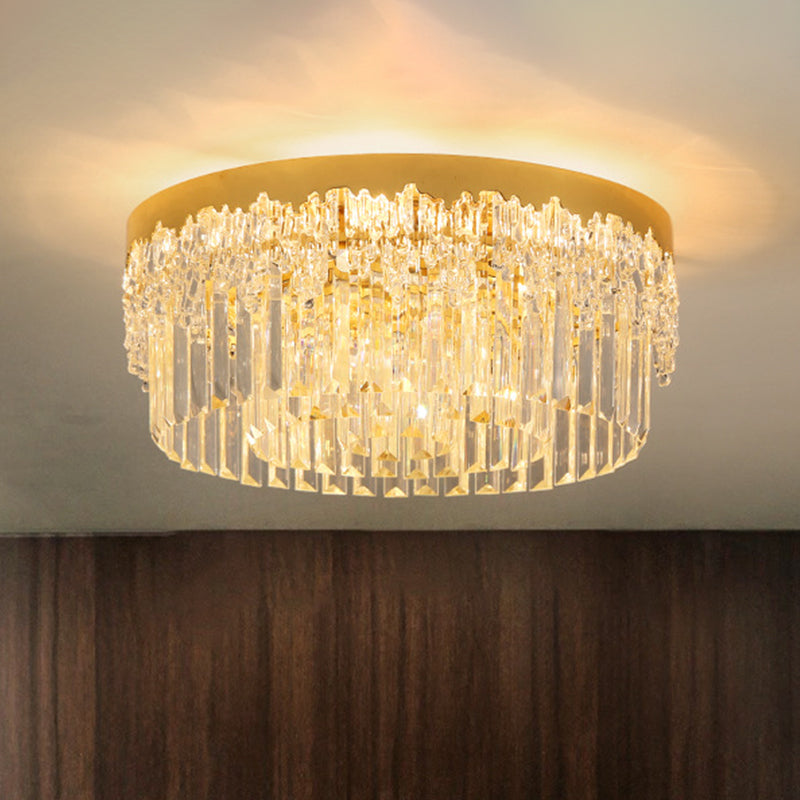 3/5/6 Heads Round Flush Light Modern Gold Finish Clear 3-Sided Crystal Rods Ceiling Mount, 14"/19"/23.5" Wide Clear 19" Clearhalo 'Ceiling Lights' 'Close To Ceiling Lights' 'Close to ceiling' 'Flush mount' Lighting' 1418818