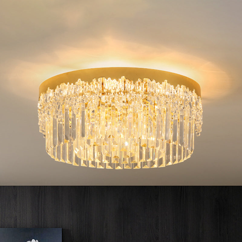 3/5/6 Heads Round Flush Light Modern Gold Finish Clear 3-Sided Crystal Rods Ceiling Mount, 14"/19"/23.5" Wide Clearhalo 'Ceiling Lights' 'Close To Ceiling Lights' 'Close to ceiling' 'Flush mount' Lighting' 1418819