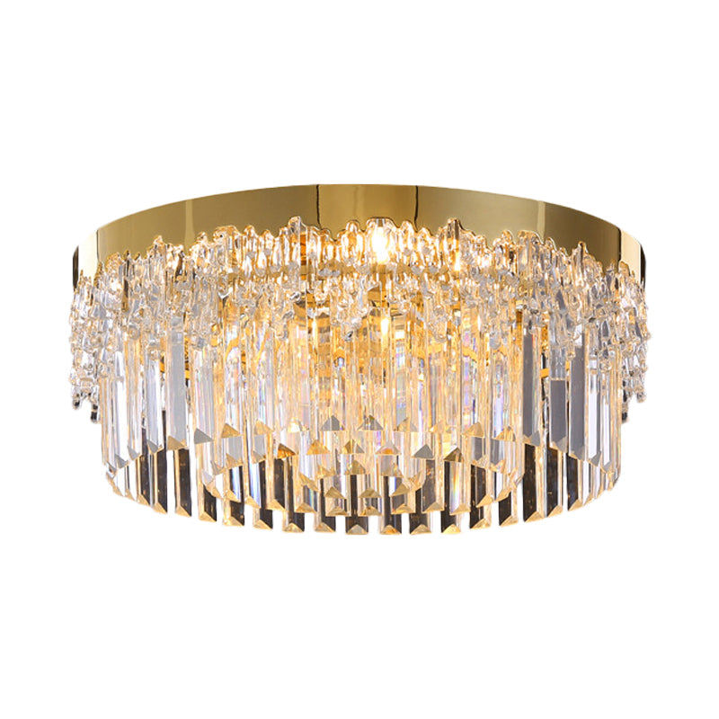 3/5/6 Heads Round Flush Light Modern Gold Finish Clear 3-Sided Crystal Rods Ceiling Mount, 14"/19"/23.5" Wide Clearhalo 'Ceiling Lights' 'Close To Ceiling Lights' 'Close to ceiling' 'Flush mount' Lighting' 1418820