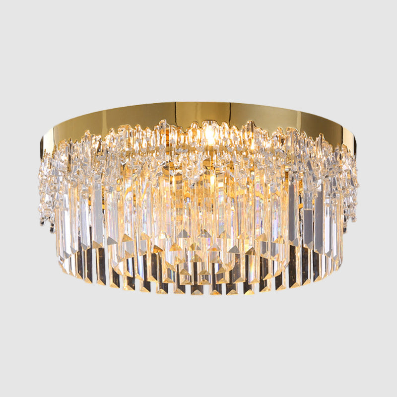 3/5/6 Heads Round Flush Light Modern Gold Finish Clear 3-Sided Crystal Rods Ceiling Mount, 14"/19"/23.5" Wide Clearhalo 'Ceiling Lights' 'Close To Ceiling Lights' 'Close to ceiling' 'Flush mount' Lighting' 1418821