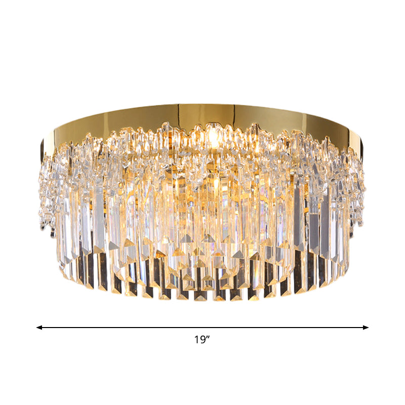3/5/6 Heads Round Flush Light Modern Gold Finish Clear 3-Sided Crystal Rods Ceiling Mount, 14"/19"/23.5" Wide Clearhalo 'Ceiling Lights' 'Close To Ceiling Lights' 'Close to ceiling' 'Flush mount' Lighting' 1418822