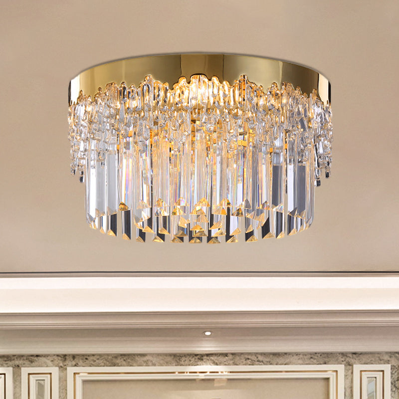 3/5/6 Heads Round Flush Light Modern Gold Finish Clear 3-Sided Crystal Rods Ceiling Mount, 14"/19"/23.5" Wide Clear 14" Clearhalo 'Ceiling Lights' 'Close To Ceiling Lights' 'Close to ceiling' 'Flush mount' Lighting' 1418823