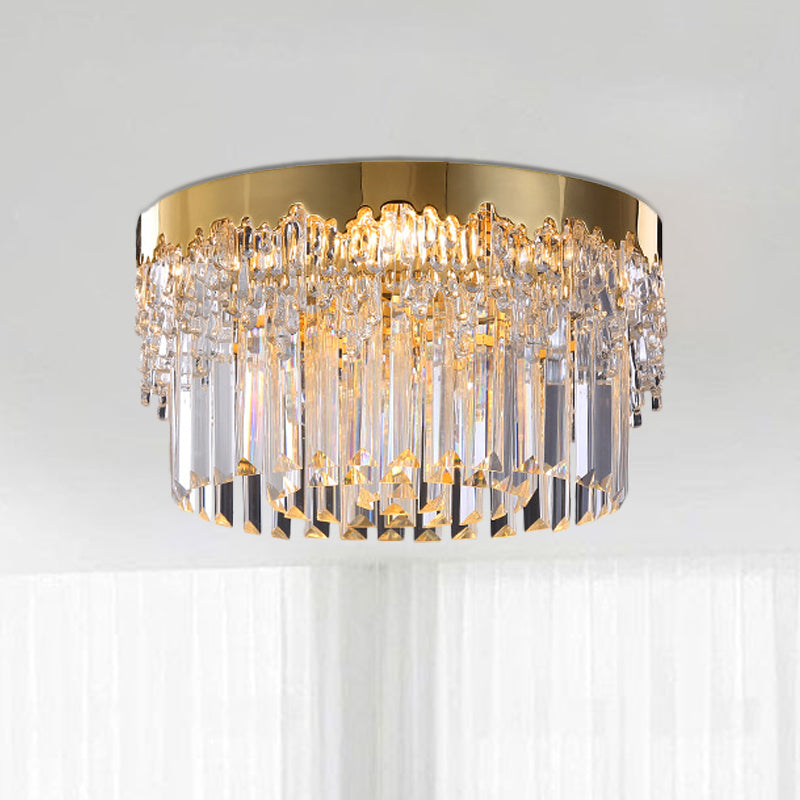 3/5/6 Heads Round Flush Light Modern Gold Finish Clear 3-Sided Crystal Rods Ceiling Mount, 14"/19"/23.5" Wide Clearhalo 'Ceiling Lights' 'Close To Ceiling Lights' 'Close to ceiling' 'Flush mount' Lighting' 1418824