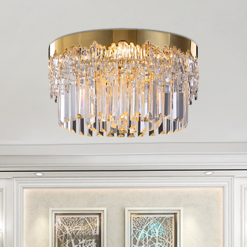 3/5/6 Heads Round Flush Light Modern Gold Finish Clear 3-Sided Crystal Rods Ceiling Mount, 14"/19"/23.5" Wide Clearhalo 'Ceiling Lights' 'Close To Ceiling Lights' 'Close to ceiling' 'Flush mount' Lighting' 1418825
