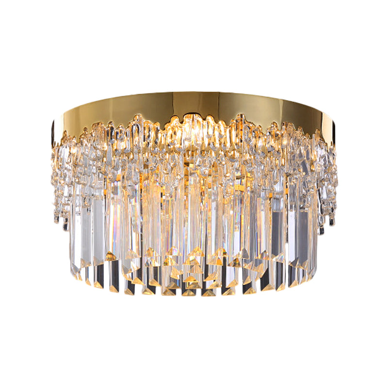 3/5/6 Heads Round Flush Light Modern Gold Finish Clear 3-Sided Crystal Rods Ceiling Mount, 14"/19"/23.5" Wide Clearhalo 'Ceiling Lights' 'Close To Ceiling Lights' 'Close to ceiling' 'Flush mount' Lighting' 1418826