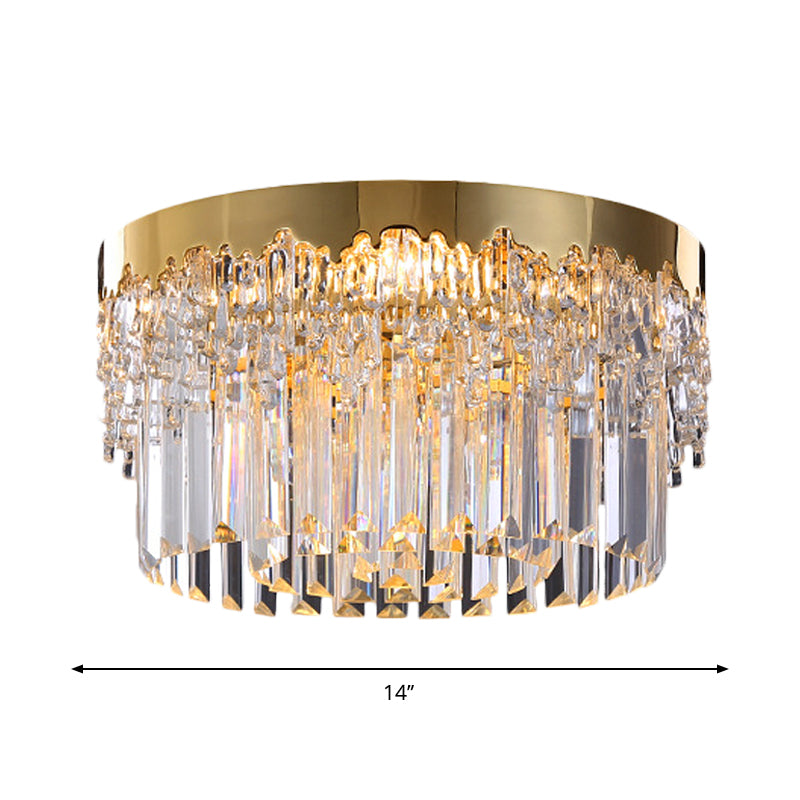 3/5/6 Heads Round Flush Light Modern Gold Finish Clear 3-Sided Crystal Rods Ceiling Mount, 14"/19"/23.5" Wide Clearhalo 'Ceiling Lights' 'Close To Ceiling Lights' 'Close to ceiling' 'Flush mount' Lighting' 1418827