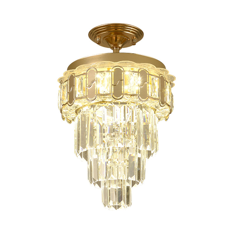 Gold Finish LED Semi Flush Contemporary Clear Crystal Prisms Tapered Ceiling Light Fixture