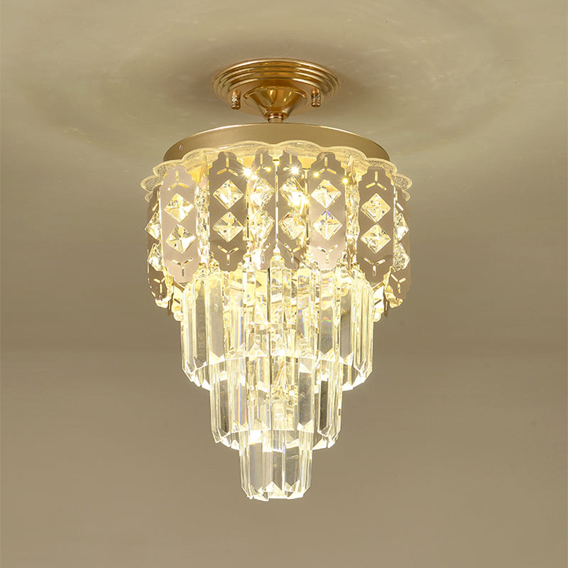 Gold Finish LED Semi Flush Contemporary Clear Crystal Prisms Tapered Ceiling Light Fixture