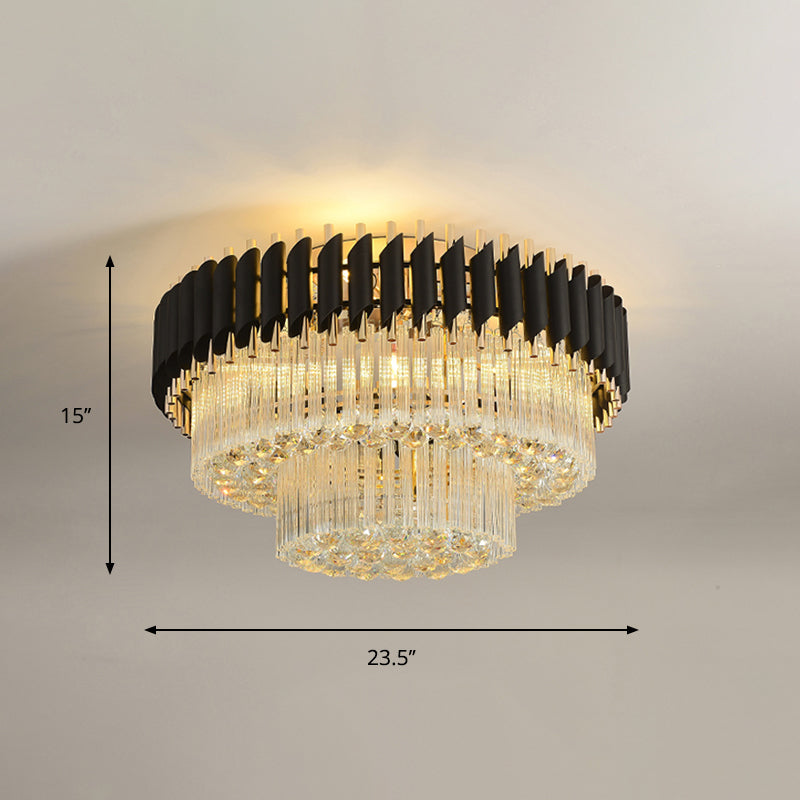 4 Heads Tapered Flush Ceiling Light Modern Black Finish Clear Dropped Crystals Lighting Fixture Clearhalo 'Ceiling Lights' 'Close To Ceiling Lights' 'Close to ceiling' 'Flush mount' Lighting' 1418878