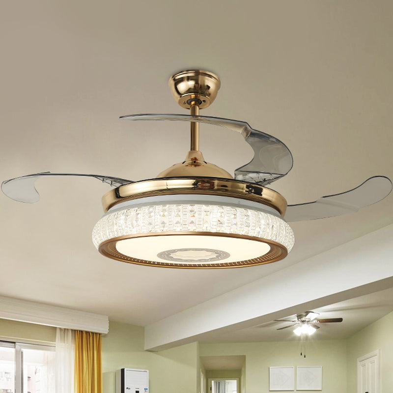 Gold Canopy LED Semi Flush Contemporary Faceted Crystals Round Pendant Fan Lamp with 3 Blades, 42"W Gold Clearhalo 'Ceiling Fans with Lights' 'Ceiling Fans' 'Modern Ceiling Fans' 'Modern' Lighting' 1418879