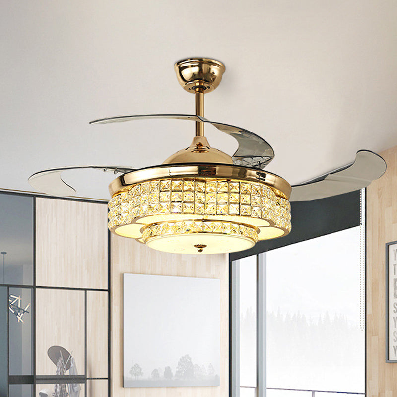 42" W LED Hanging Fan Light Modern Circular Clear Square-Cut Crystals 3 Blades Semi Flush Mount in Gold Gold Clearhalo 'Ceiling Fans with Lights' 'Ceiling Fans' 'Modern Ceiling Fans' 'Modern' Lighting' 1418883