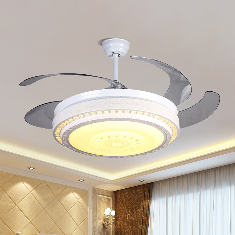 4 Blades White LED Ceiling Fan Light Modern Faceted Crystals Circular Semi Flushmount, 52" Wide White Clearhalo 'Ceiling Fans with Lights' 'Ceiling Fans' 'Modern Ceiling Fans' 'Modern' Lighting' 1418899