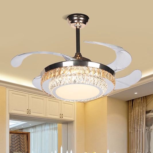 42" Wide LED Semi Flush Contemporary Round Rectangular-Cut Crystals 4 Blades Pendant Fan Lamp in Silver Clearhalo 'Ceiling Fans with Lights' 'Ceiling Fans' 'Modern Ceiling Fans' 'Modern' Lighting' 1418910