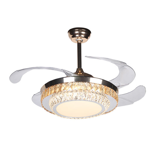 42" Wide LED Semi Flush Contemporary Round Rectangular-Cut Crystals 4 Blades Pendant Fan Lamp in Silver Clearhalo 'Ceiling Fans with Lights' 'Ceiling Fans' 'Modern Ceiling Fans' 'Modern' Lighting' 1418911