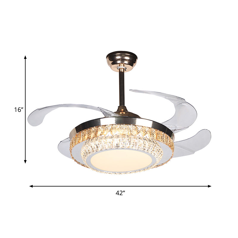 42" Wide LED Semi Flush Contemporary Round Rectangular-Cut Crystals 4 Blades Pendant Fan Lamp in Silver Clearhalo 'Ceiling Fans with Lights' 'Ceiling Fans' 'Modern Ceiling Fans' 'Modern' Lighting' 1418912