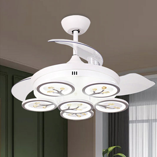 Flower Parlor Hanging Fan Light Modern Beveled Crystal Raindrops LED White Semi Flush Mount with 4 Blades, 42" W White Clearhalo 'Ceiling Fans with Lights' 'Ceiling Fans' 'Modern Ceiling Fans' 'Modern' Lighting' 1418913
