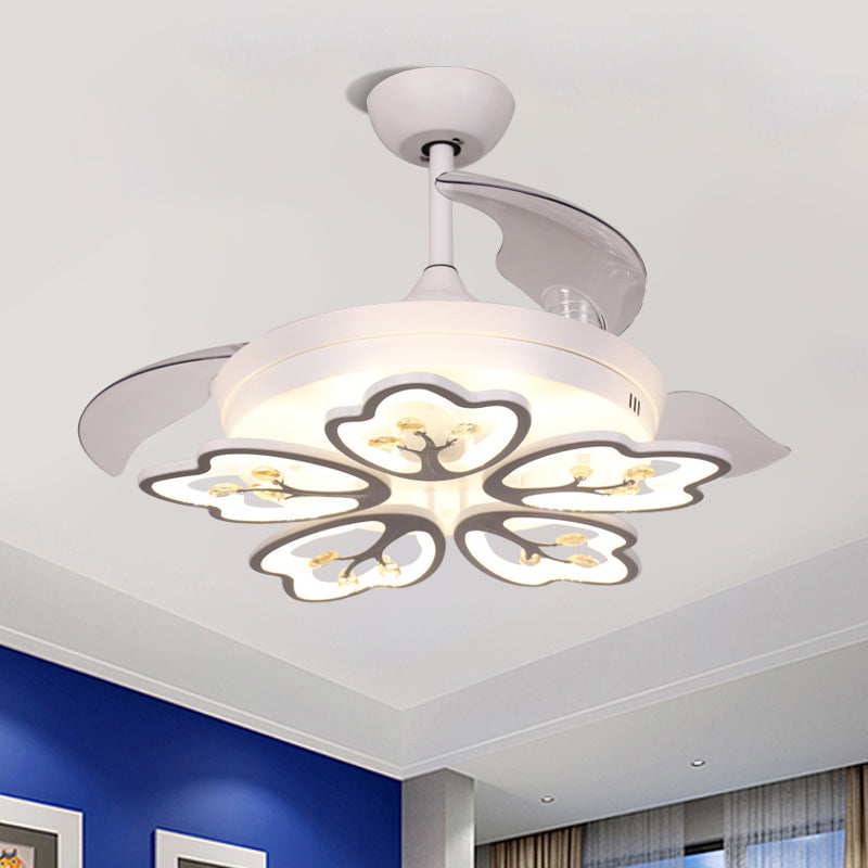 4 Blades 42" W LED Semi Flush Light Contemporary Peach Blossom Crystal Teardrops Ceiling Fan Lamp in White Clearhalo 'Ceiling Fans with Lights' 'Ceiling Fans' 'Modern Ceiling Fans' 'Modern' Lighting' 1418918