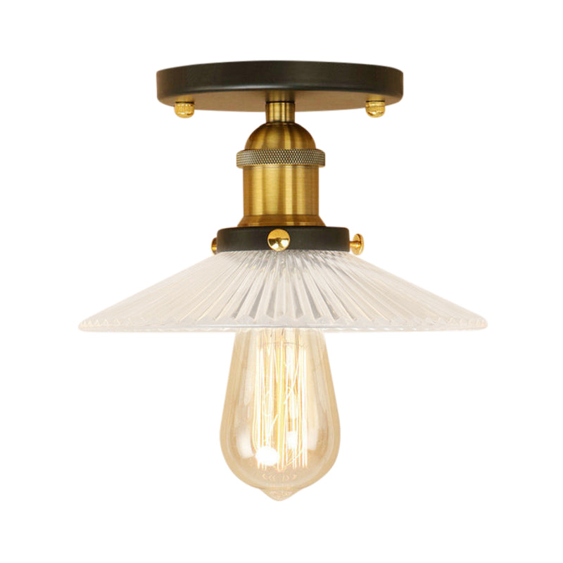 Cone Ribbed Glass Semi Mount Lighting Industrial 1 Bulb Living Room Ceiling Light in Black/Brass/Copper Clearhalo 'Ceiling Lights' 'Close To Ceiling Lights' 'Close to ceiling' 'Flush mount' 'Industrial Flush Mount' Lighting' 141893