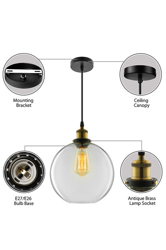 Round Pendant Light Industrial 1 Light Clear Glass Hanging Lamp in Brass, 8"/10"/12" Wide Clearhalo 'Ceiling Lights' 'Glass shade' 'Glass' 'Industrial Pendants' 'Industrial' 'Middle Century Pendants' 'Pendant Lights' 'Pendants' 'Tiffany' Lighting' 1418946