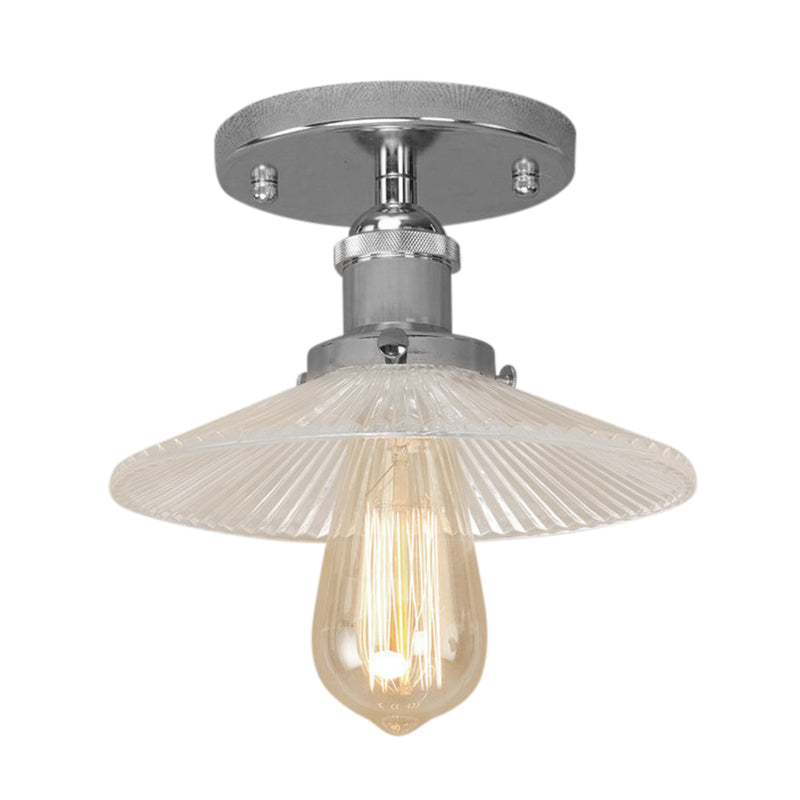 Cone Ribbed Glass Semi Mount Lighting Industrial 1 Bulb Living Room Ceiling Light in Black/Brass/Copper Clearhalo 'Ceiling Lights' 'Close To Ceiling Lights' 'Close to ceiling' 'Flush mount' 'Industrial Flush Mount' Lighting' 141896